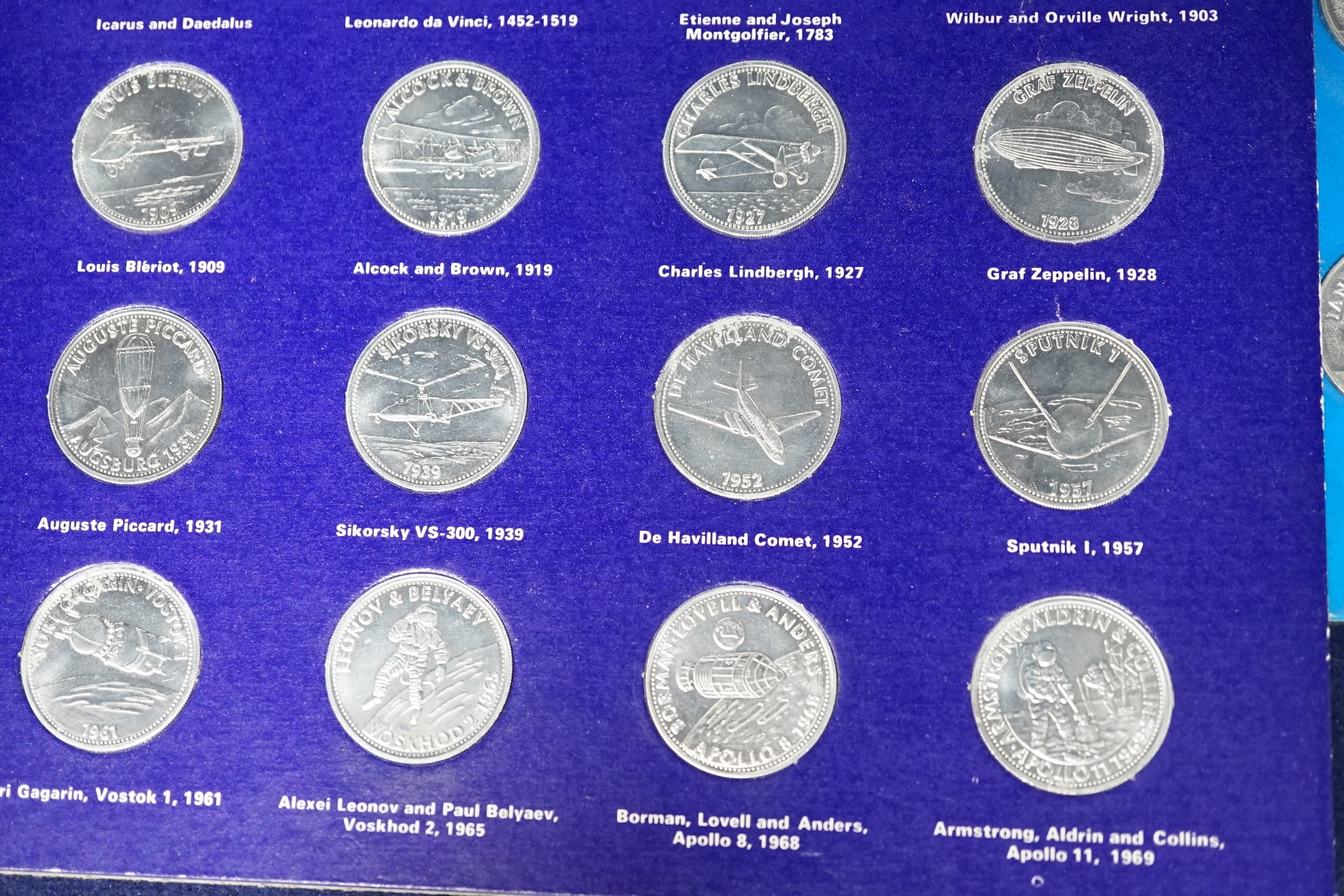 Shell and Esso collector's medals and coins for 1970 World cup, man in flight and FA cup centenary 1872-1972